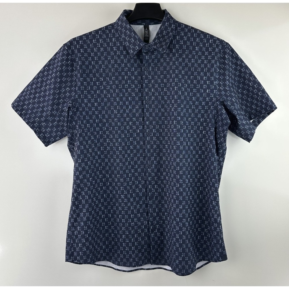 Lululemon Airing Easy Short Sleeve Buttondown IKat Check White Navy Shirt XL EUC - Picture 2 of 11